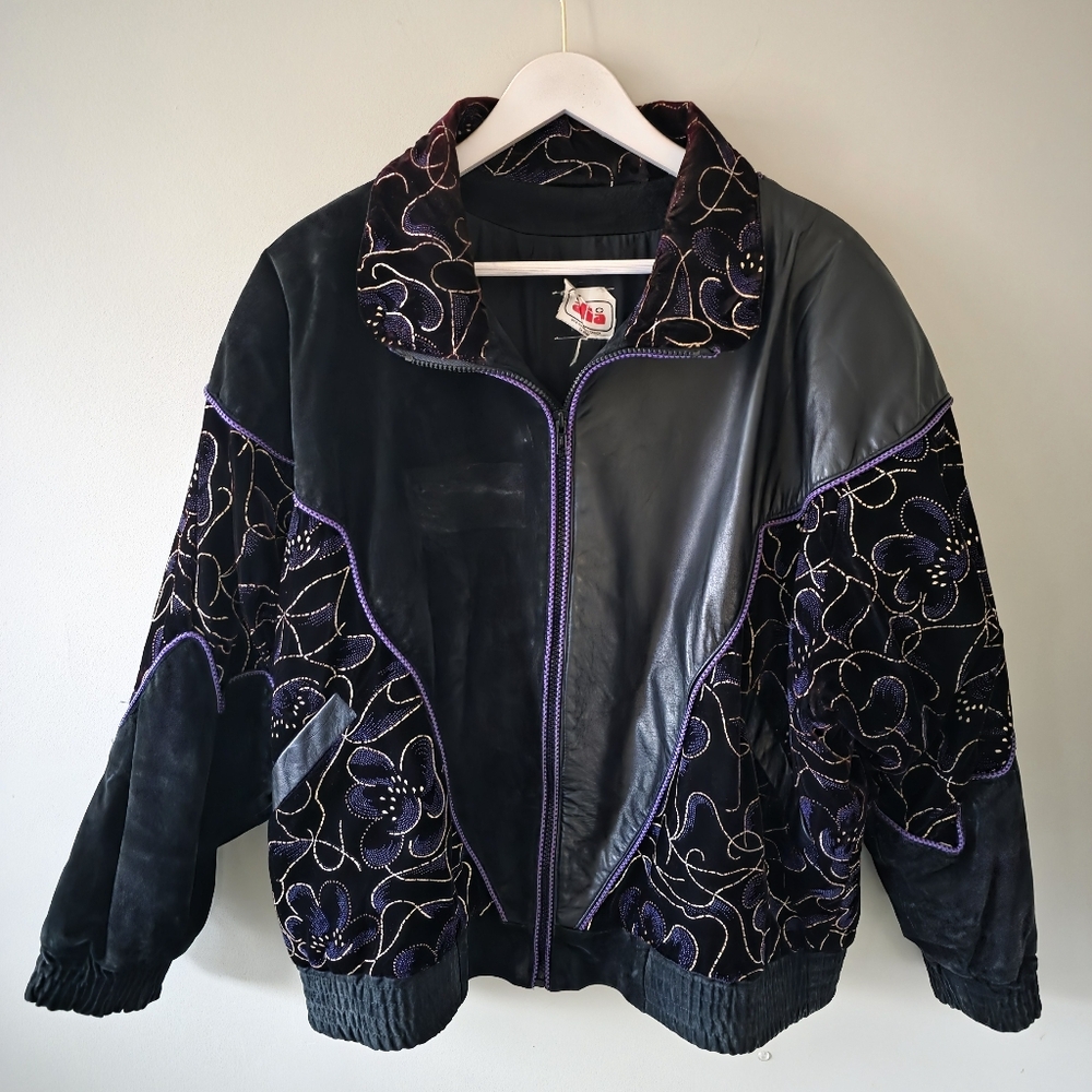 Alia L Vintage 80s 90s Eclectic Retro Leather Suede & Velvet Bomber Jacket - Picture 2 of 16